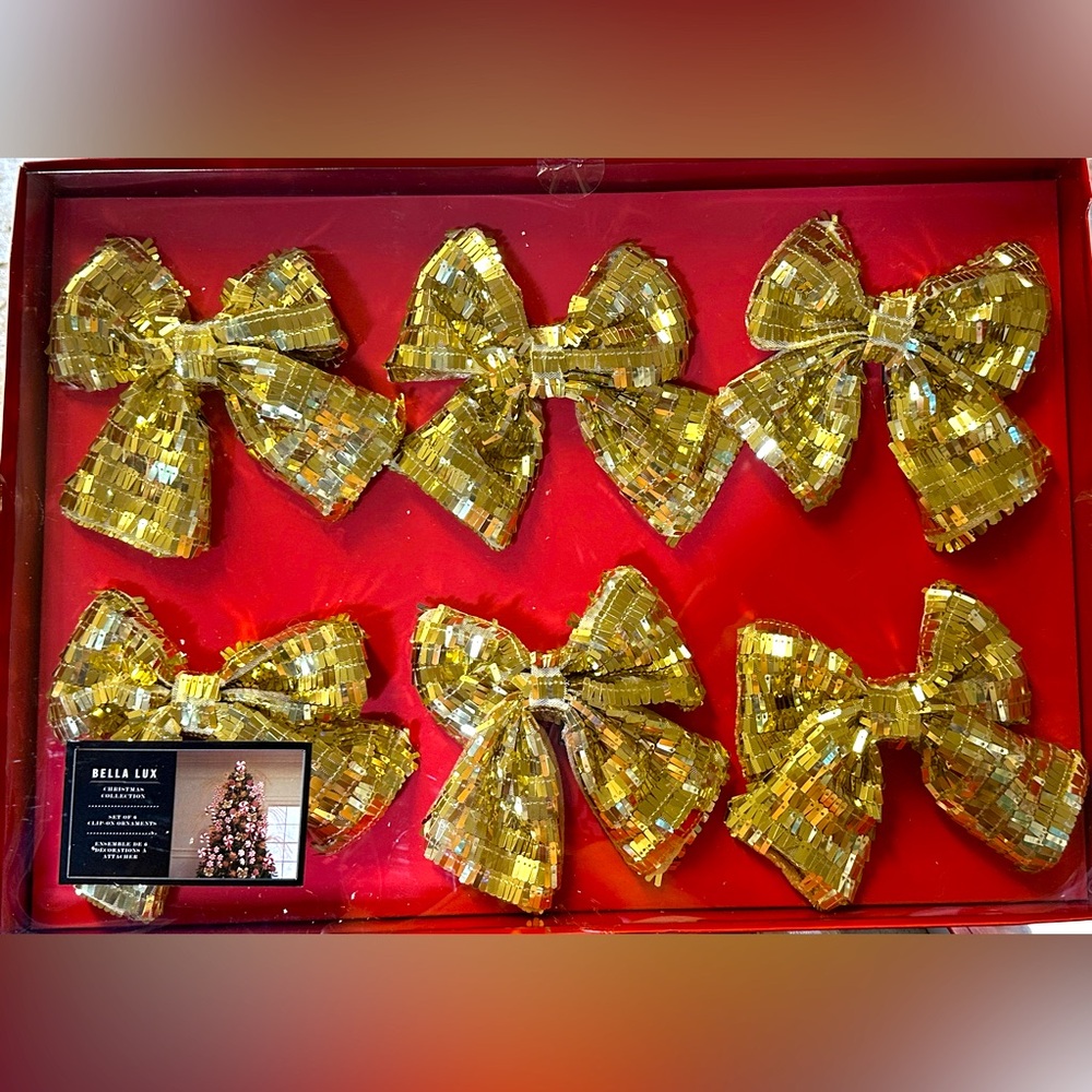 Bella Lux Set of Six Clip On Gold Bow Ornaments